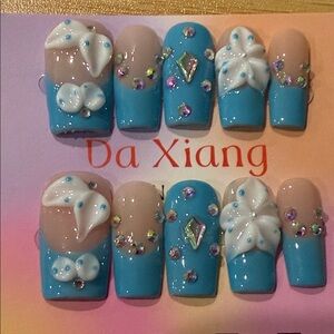 Blue and Nude 3D Floral Handmade Press on Nail Set